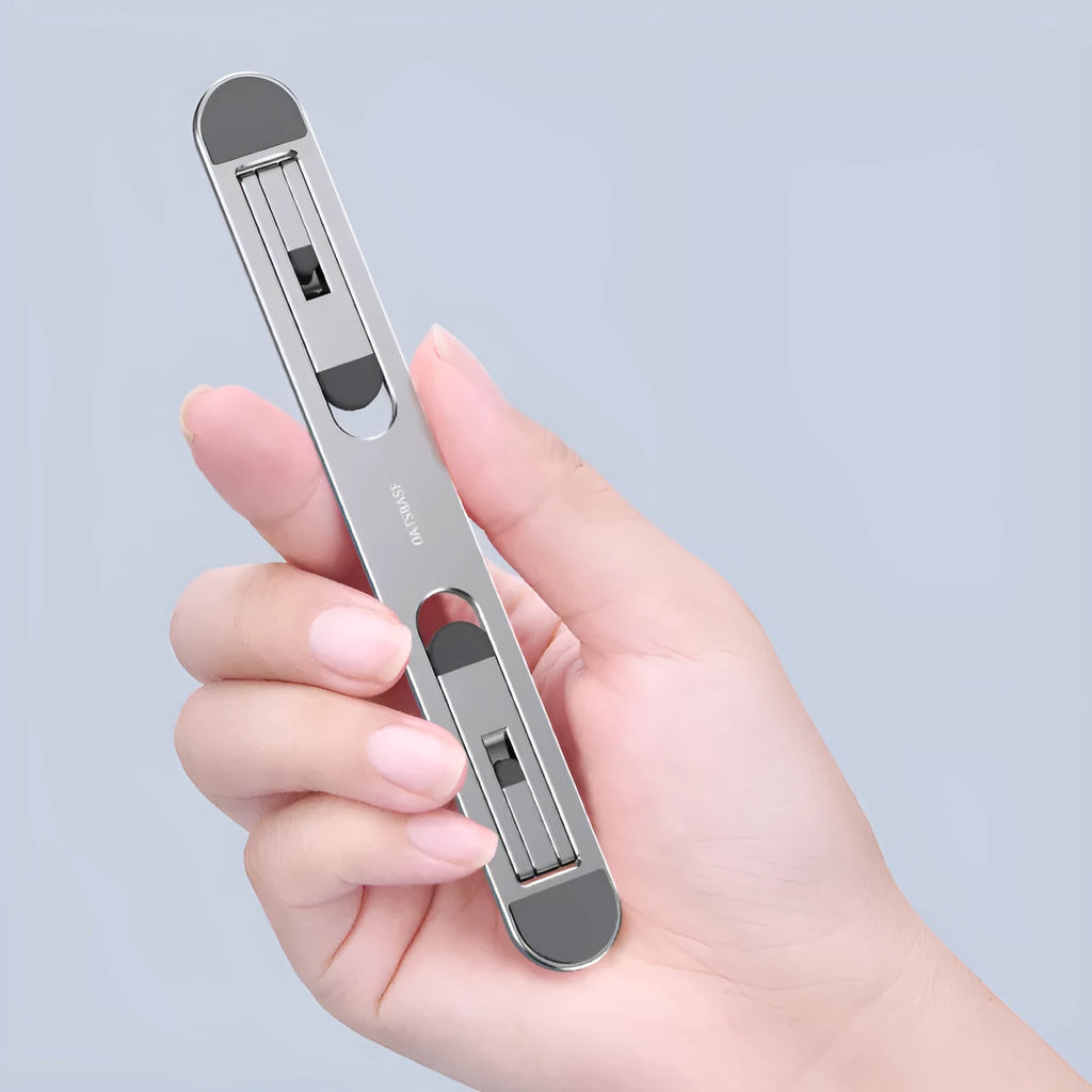 Aluminium alloy laptop stand 216x26mm in silver with silicone pads on desk