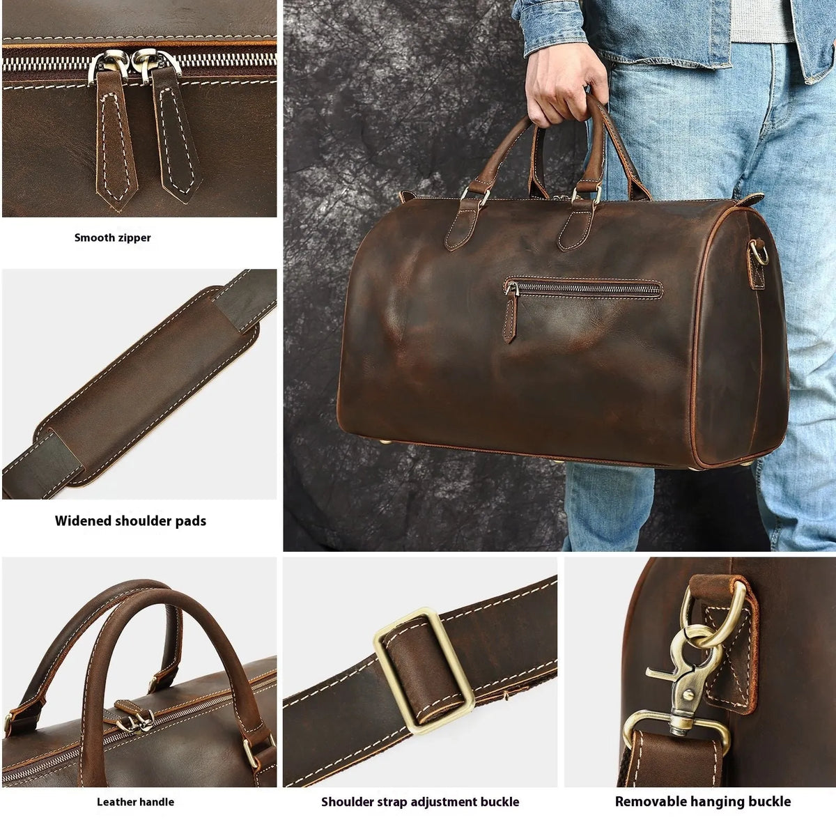 Men's vintage leather crossbody bag in four colours showing dimensions 48.3x25x29cm