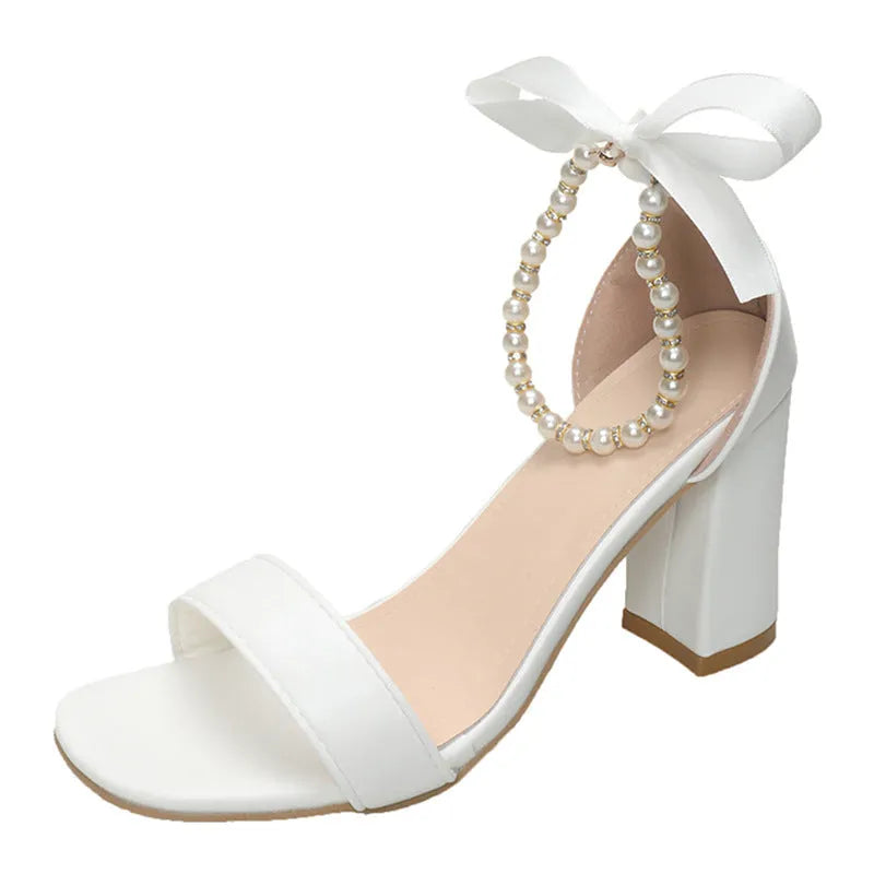 White open toe chunky heel sandals with pearl bow buckle and square toe, sizes 35-42