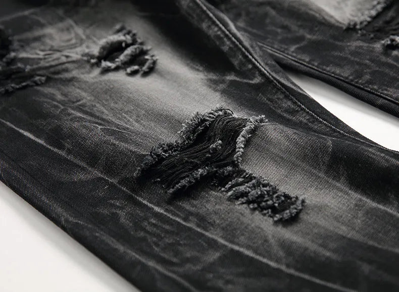 Ripped black straight-leg denim jeans for men in plus size range, front view