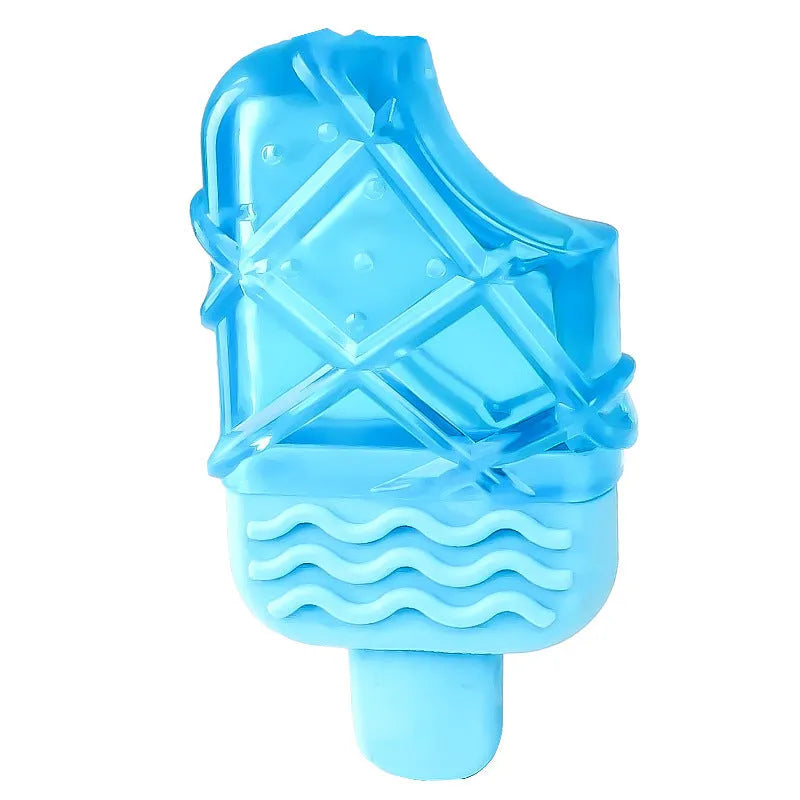 Set of three BPA-free silicone dog toys: a blue pacifier, a red popsicle, and a green ring, designed to be filled with water and frozen.