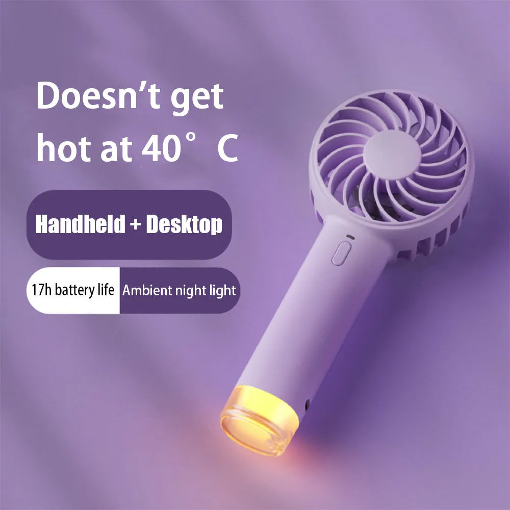 Portable handheld electric fan with colourful mini lamp, round handle, shown in beige, pink, or purple.
