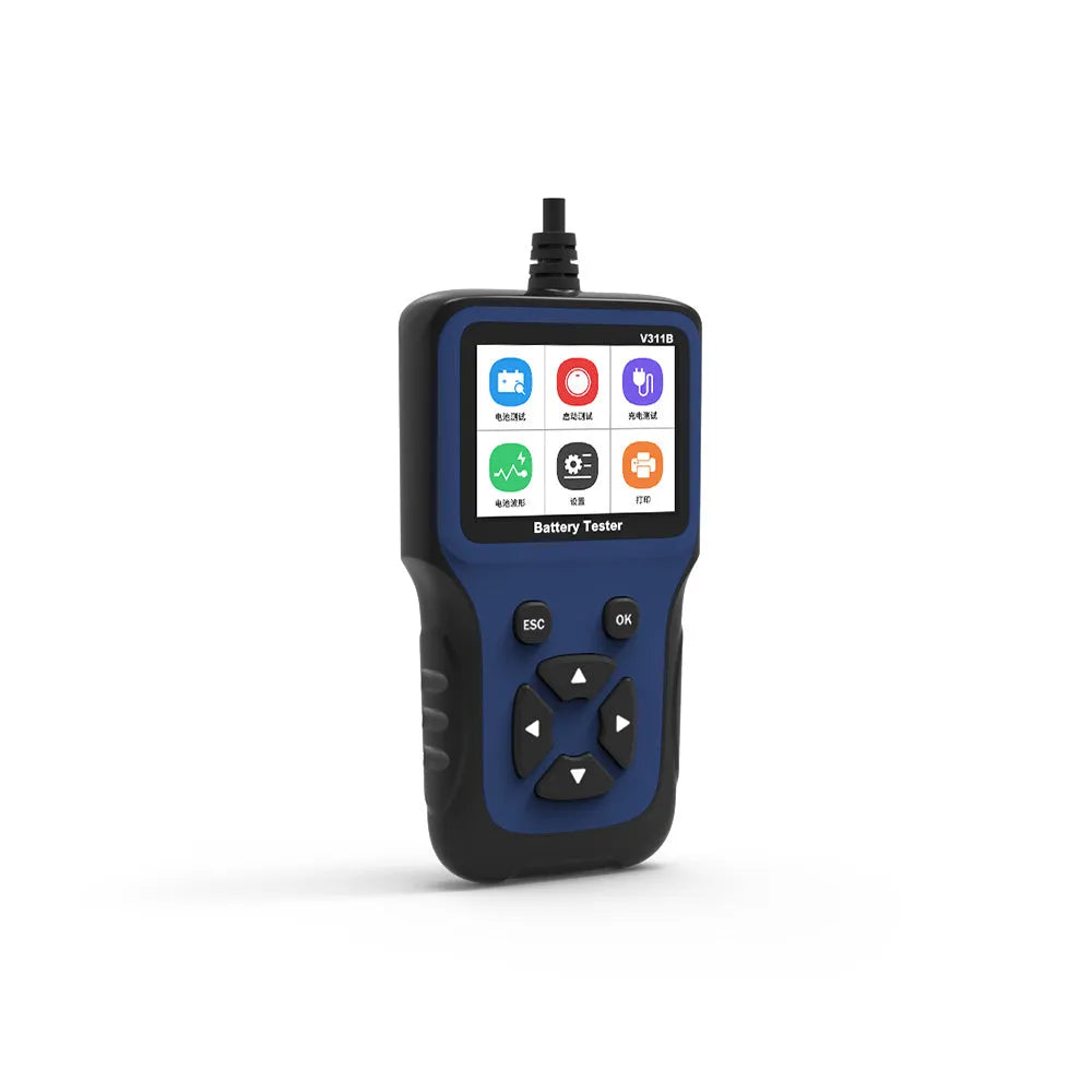 Car battery voltage tester with 2.8 inch colour screen, black and red alligator clips and 1m cable