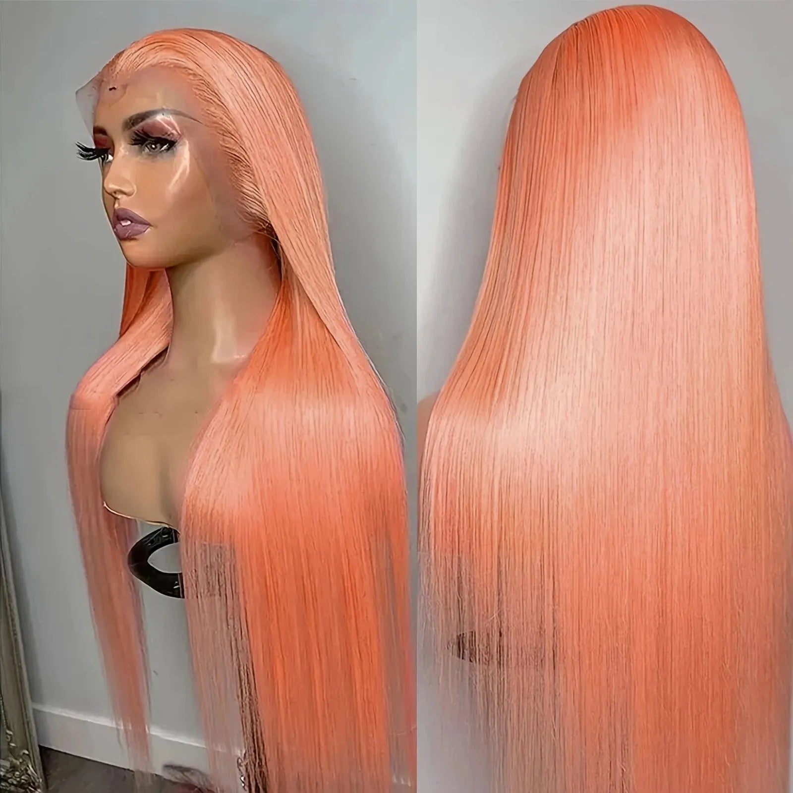 Light orange long straight synthetic wig with front lace and side bangs on a display head