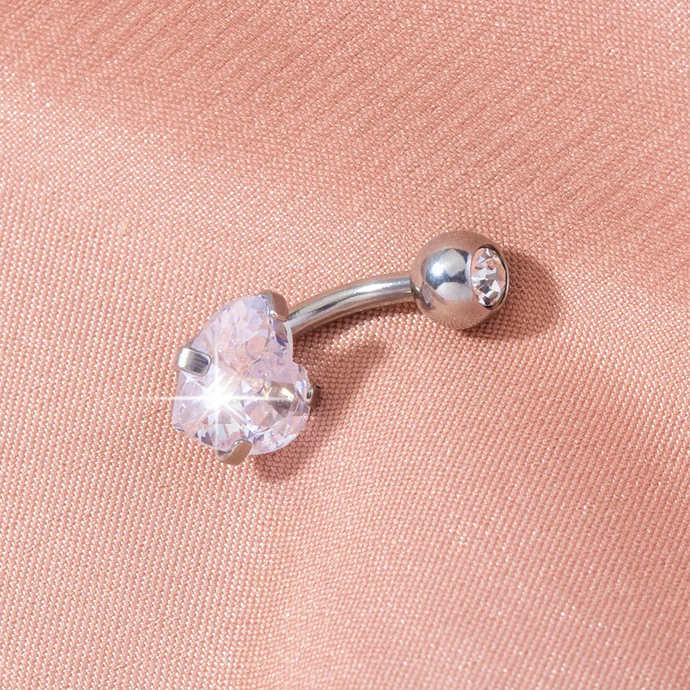 Stainless Steel Heart-shaped Zircon Navel Pin Body Piercing Jewelry for Women Europe America Style Electroplated Belly Button Ring Width 0.8 cm Height 1.8 cm Copper Zircon Material