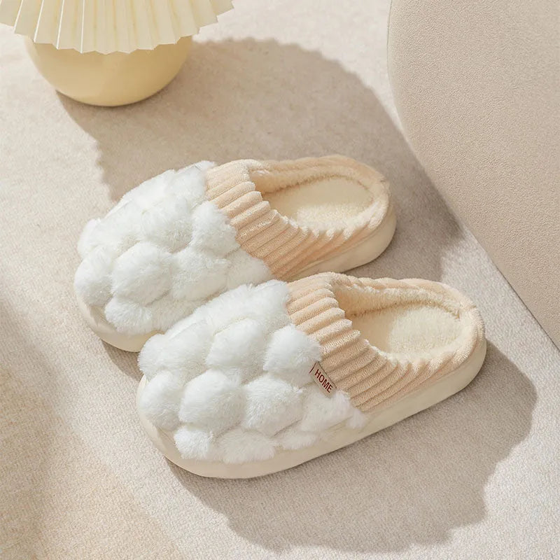 Plaid plush indoor slippers with artificial wool lining and non-slip PVC sole in grey, pink, coffee, green or white