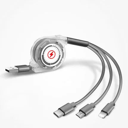 3 in 1 telescopic charging cable extended to show titanium alloy connectors and TPE wire body