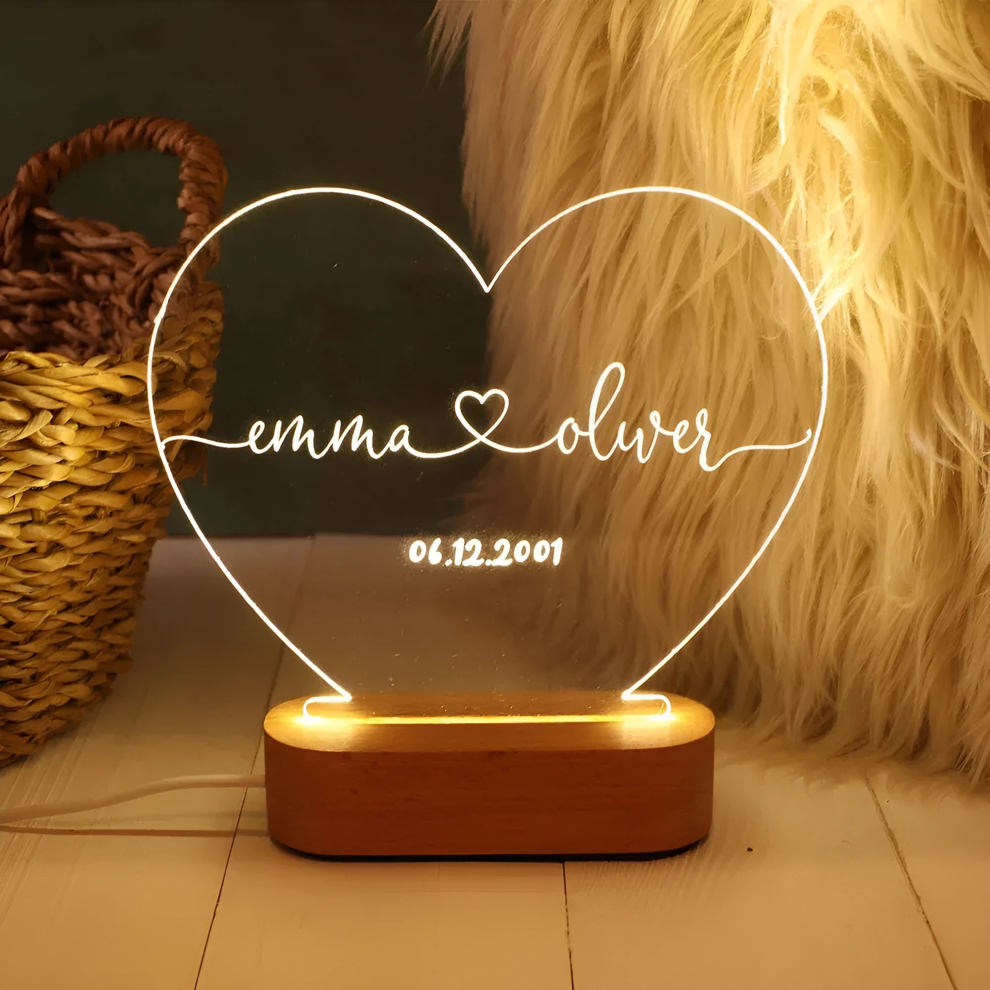 Personalised acrylic night light with custom names and dates, USB powered, modern art design