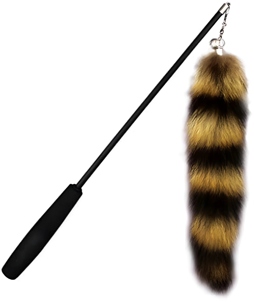 Black cat toy wand with feather attachment and long elastic string for interactive play