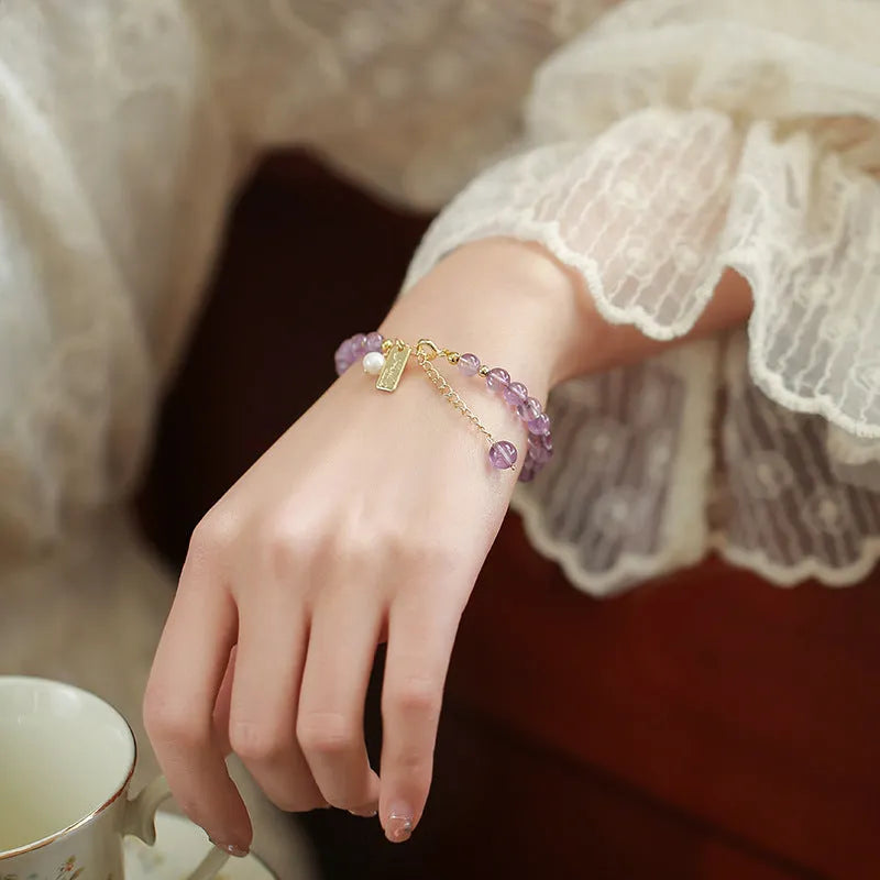 Natural lavender amethyst crystal bracelet with zodiac or animal charms for women
