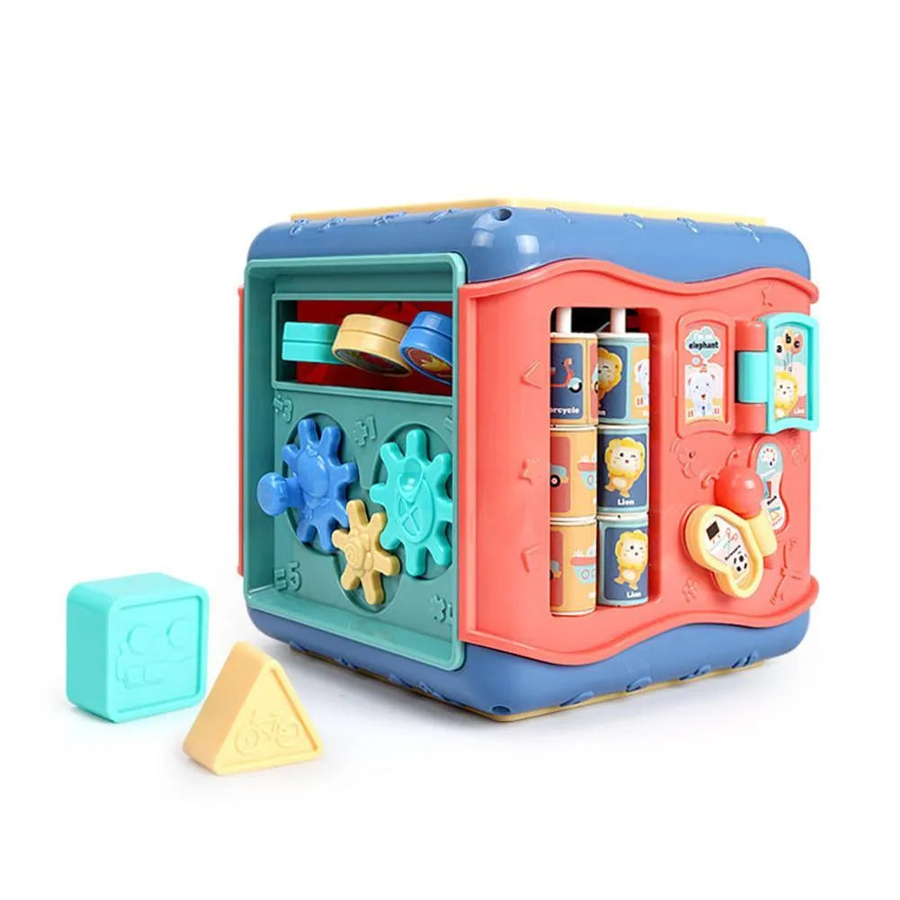 Colourful ABS plastic baby educational cube with bead maze, gears, and shape sorting games on each side.
