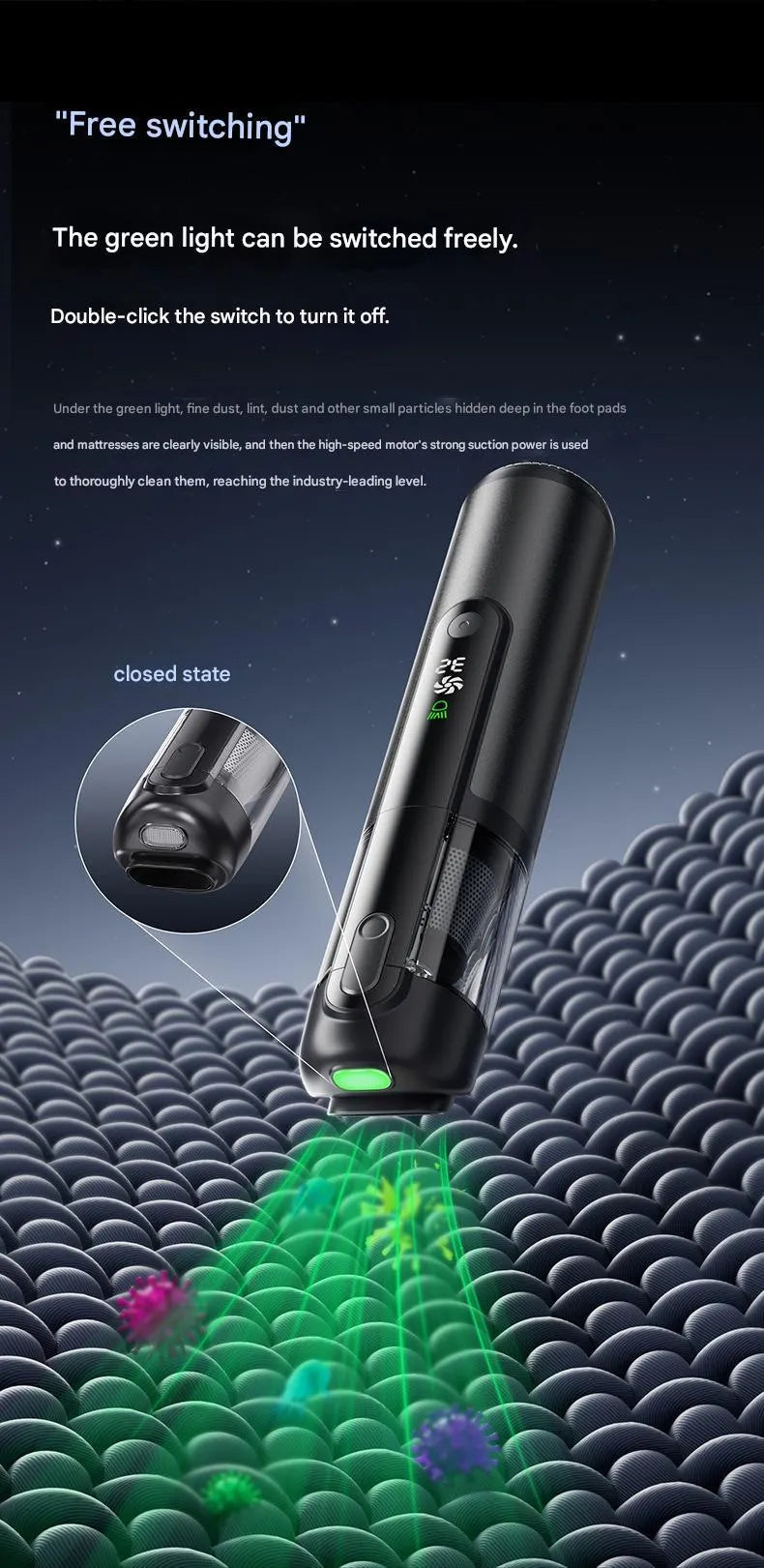 Green light dust-detecting handheld car vacuum cleaner black colour wireless compact portable high suction