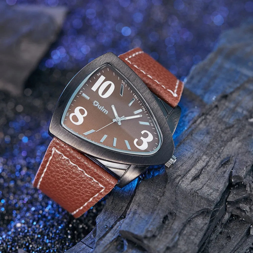 Men's casual analogue watch with triangle pattern band, shown in brown, black, and blue colour options.
