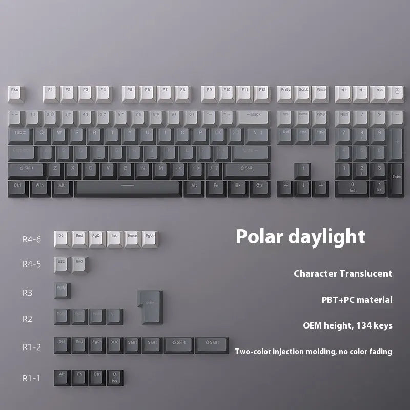 Polar Day Gradient engraved luminous PBT key cap set, double injection moulded, 290 x 160 x 30mm