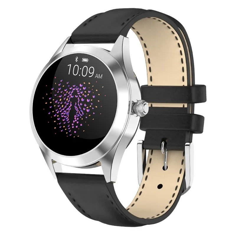 Women's multi-functional smartwatch with heart rate monitoring in black, rose gold, silver, or white colour options