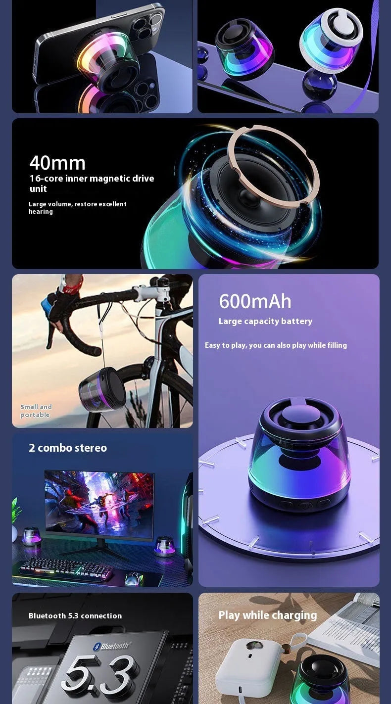 Portable wireless Bluetooth mini speaker with magnetic base and ambient lighting in black or white colour