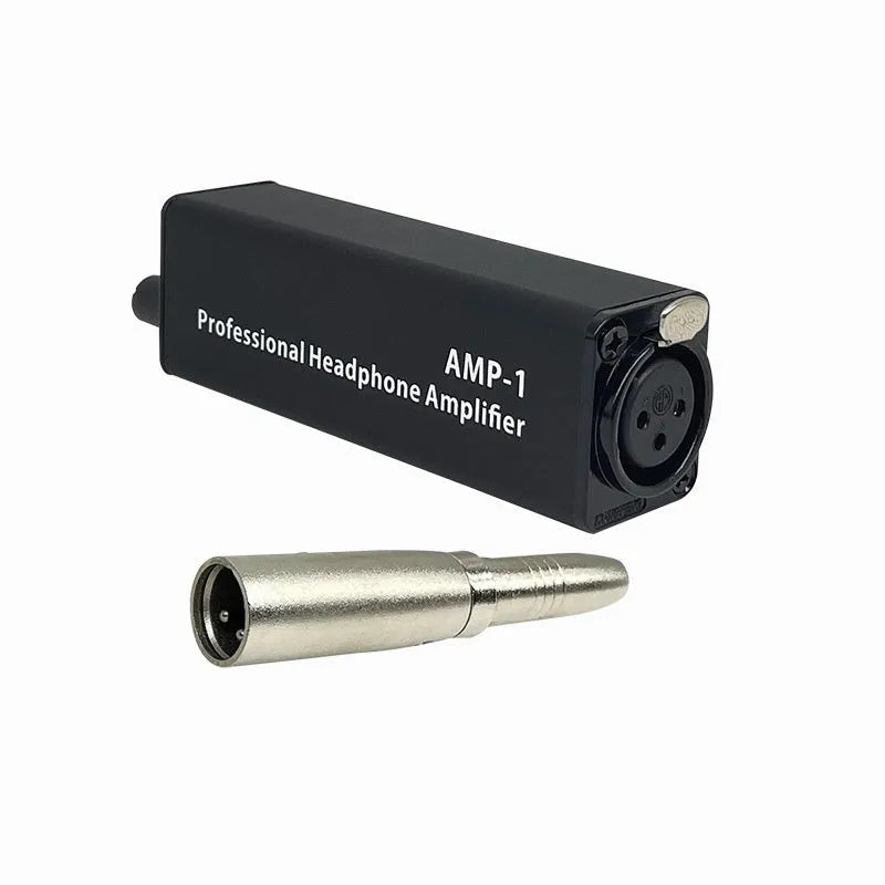 XLR headphone volume adjustment converter, AMP1 model, 9.6 × 2.6 × 3.15 cm, with adapter and manual