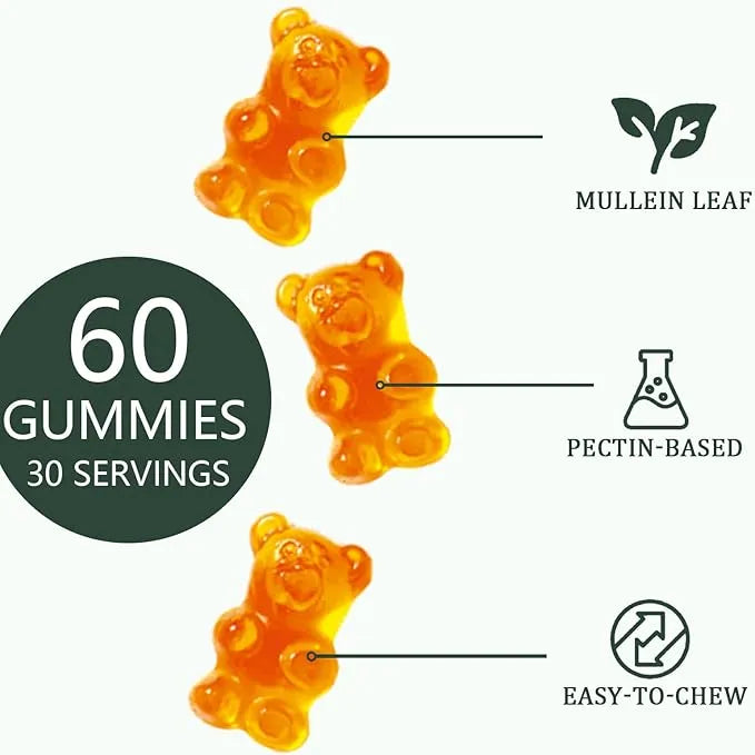 Mullein gummy 60 count bottle with pear-flavoured vegan pectin gummies for respiratory support