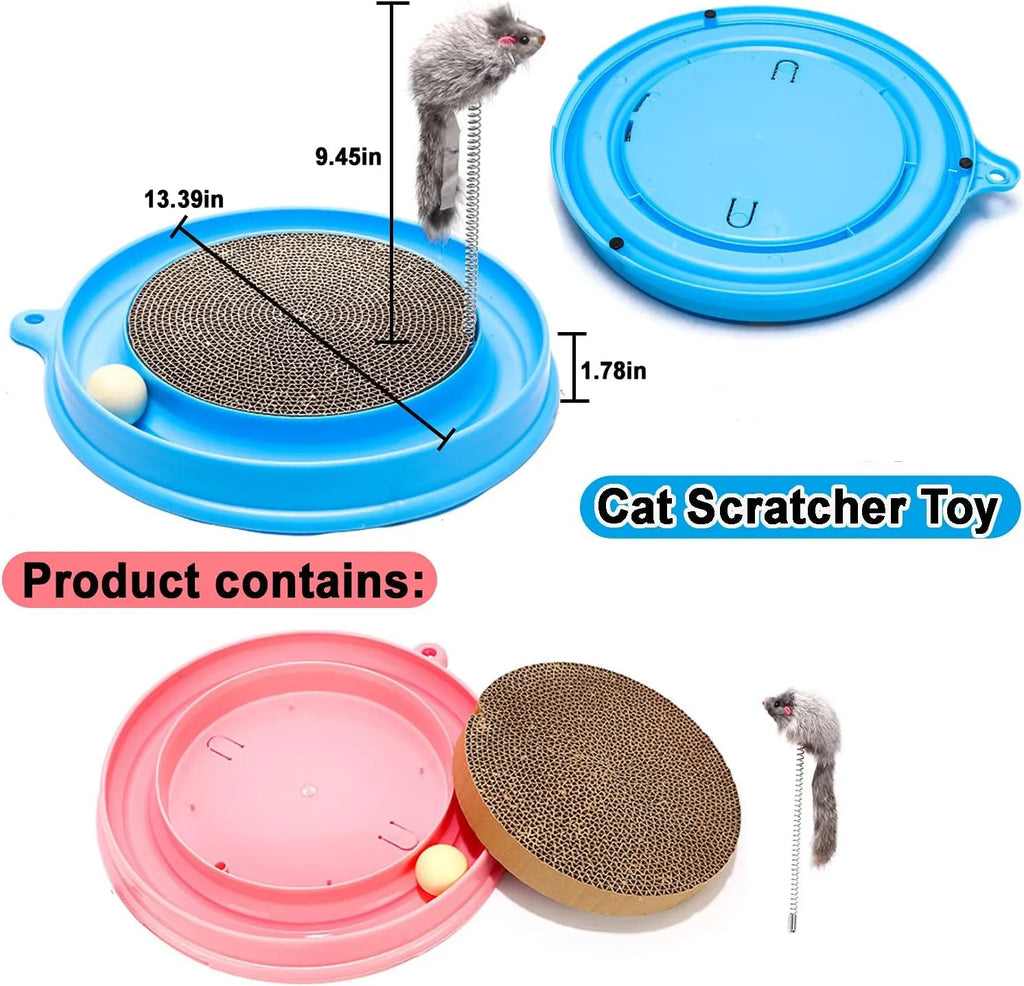 Blue cat scratching post with interactive ball track and replaceable cardboard centre pad