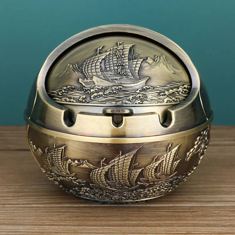 Bronze decorative ashtray with smoke extinguishing slot featuring traditional dragon design