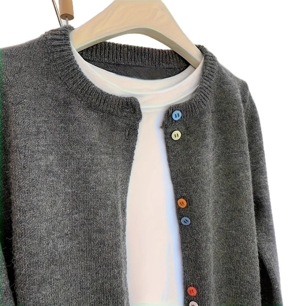 Dark grey women's polyester cardigan with long sleeves and button front.