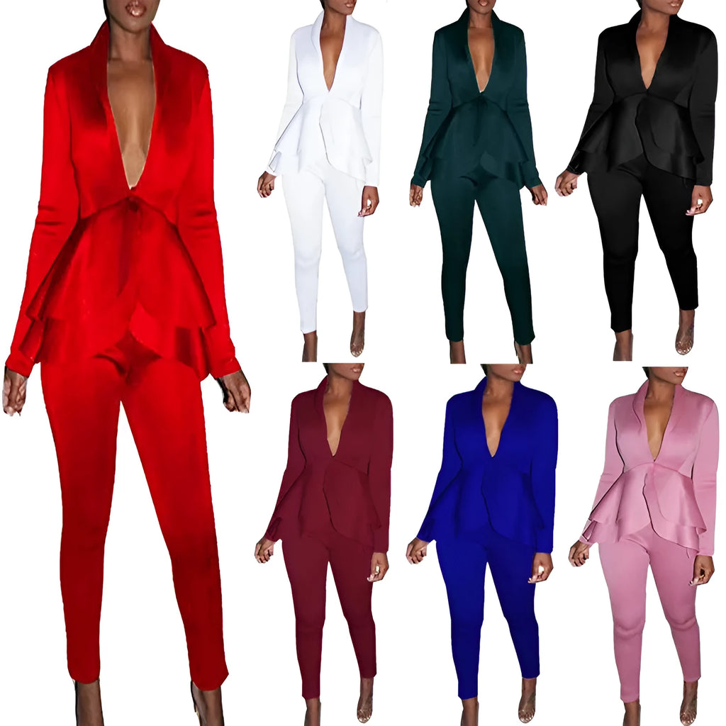 Business uniform two-piece set showing ruffled top with matching pencil pants in polyester fabric