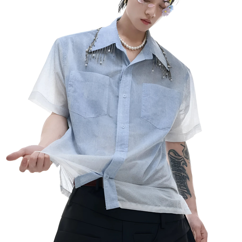 Blue and white gradient men's loose fit short-sleeved shirt with quilted design