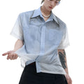 Blue and white gradient men's loose fit short-sleeved shirt with quilted design