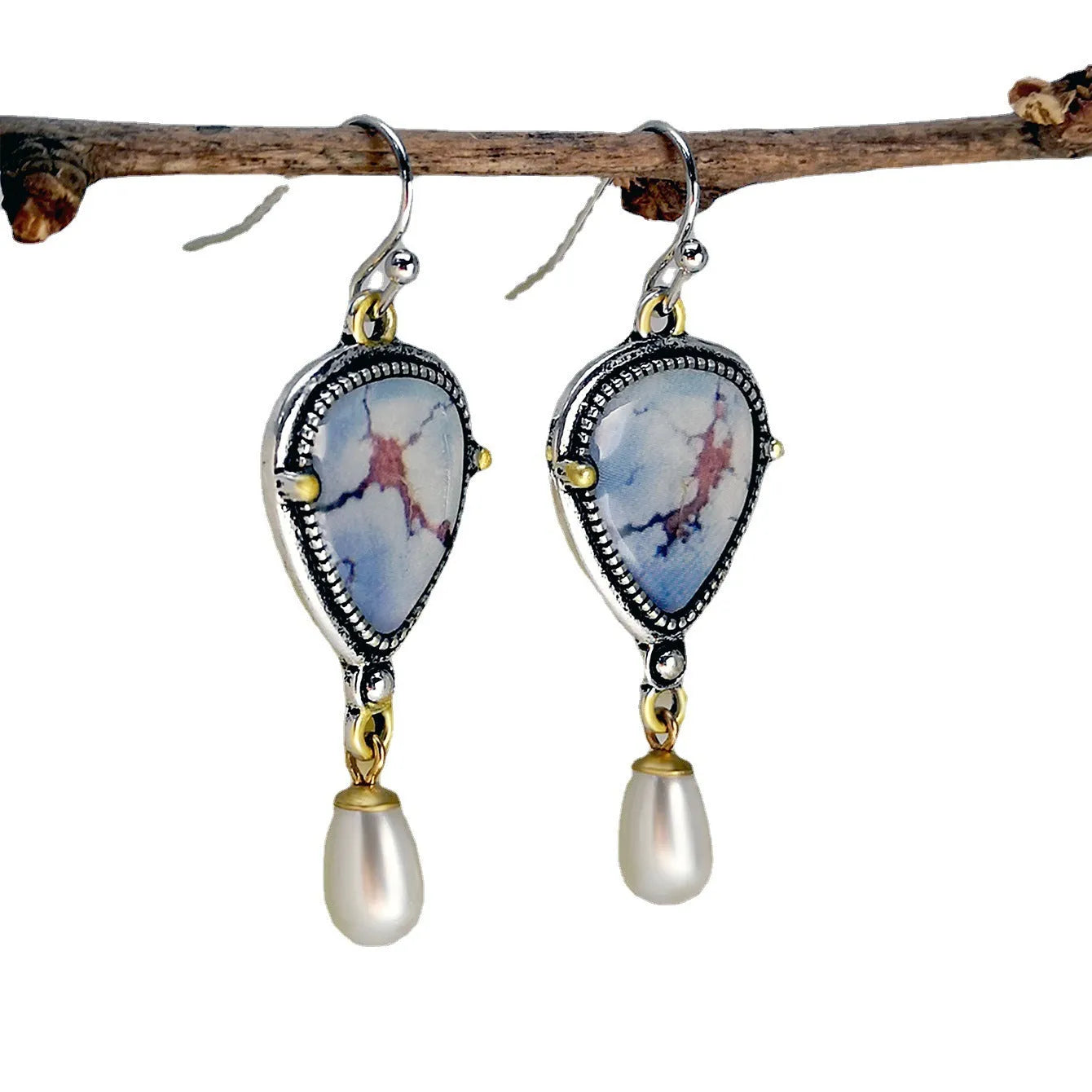 Retro blue geometric drop earrings with synthetic opal and pearl on metal.