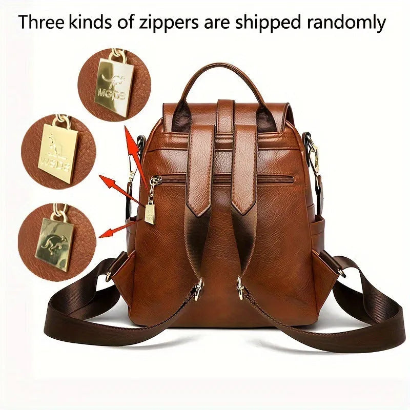 Ladies PU backpack in black or dark brown with large capacity, sandwich pocket, and commuter design