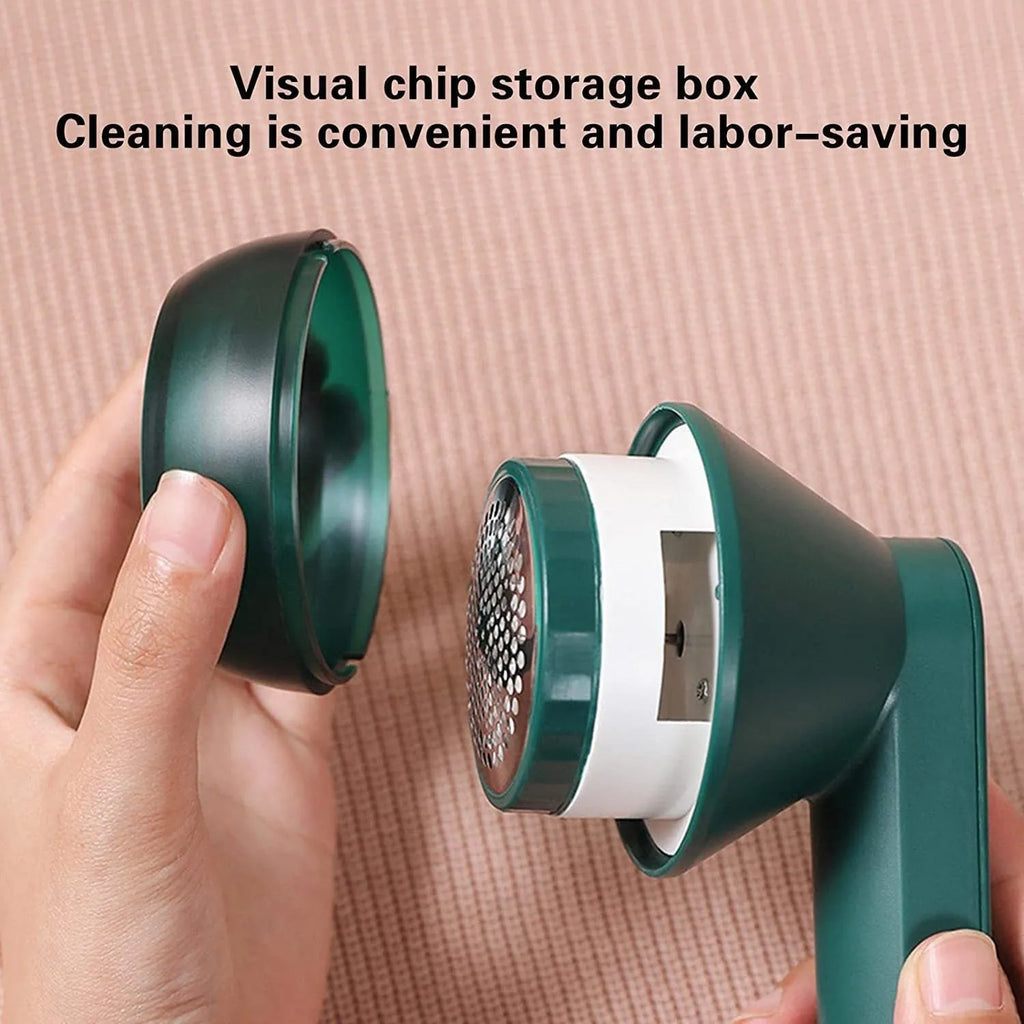 USB rechargeable electric lint remover in white or green with six-leaf stainless steel blade and lint collector container