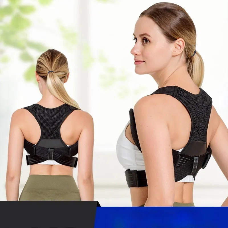 Black anti-humpback posture correction belt for back support during sports and fitness activities
