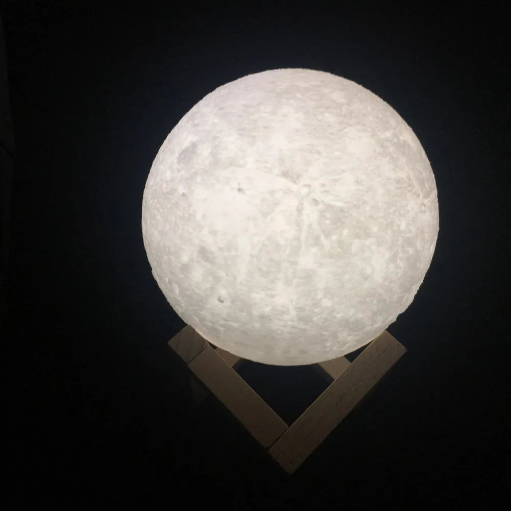 Ivory white 12cm 3D print moon lamp on wooden stand with USB cable