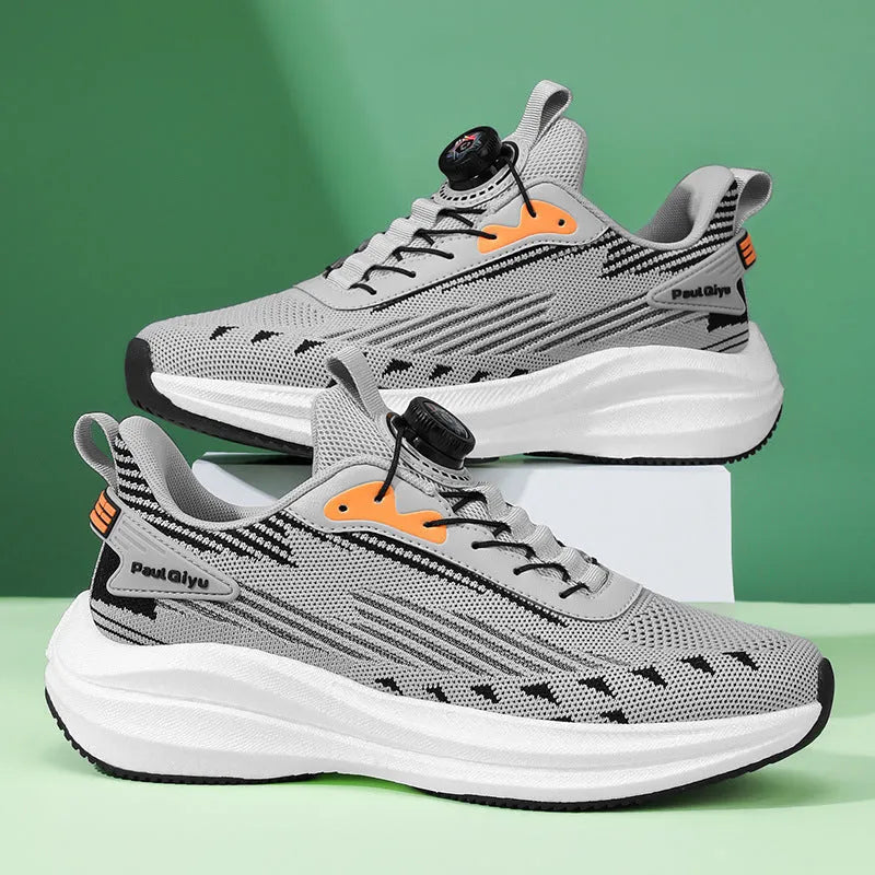 Men's black running shoes with rotating buckle fastening and Fly-knit mesh upper on TPU sole