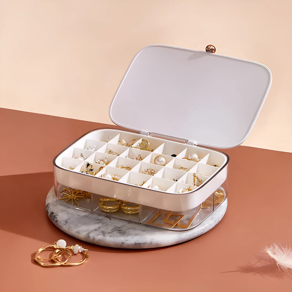 Modern minimalist jewelry storage box with multi-layer organisation in four colour options