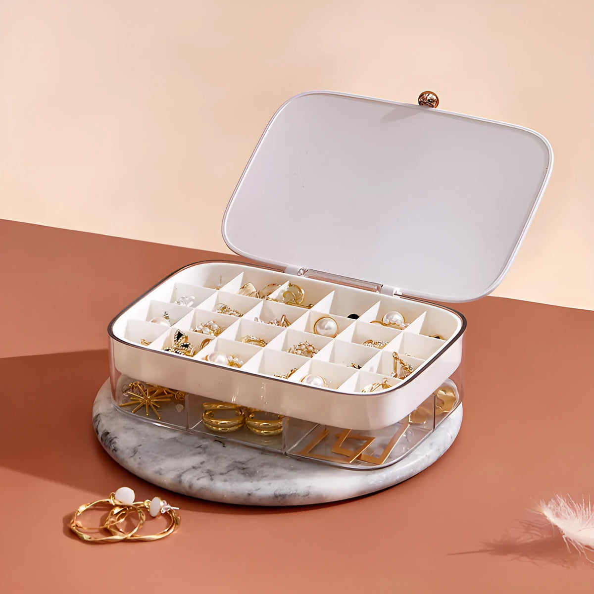 Modern minimalist jewelry storage box with multi-layer organisation in four colour options