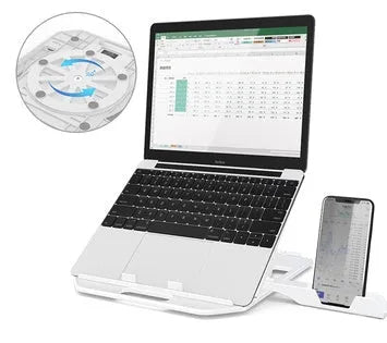 Notebook stand in engineering plastic, 283 x 278 x 22 mm, black or white, with seven adjustable angle positions