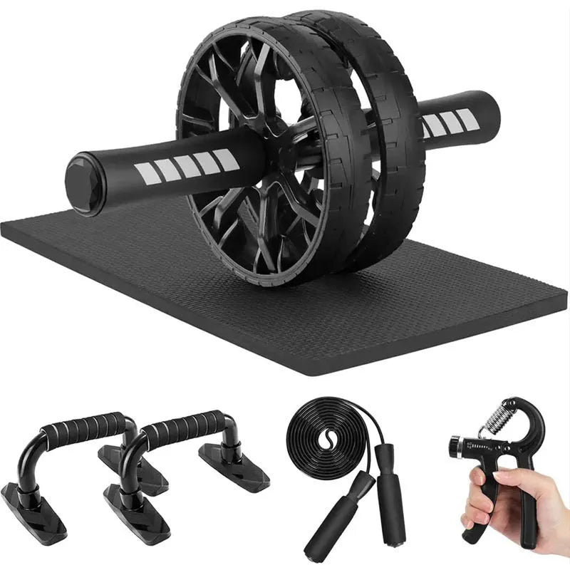 Set of seven abdominal wheels with push-up bracket in red, green, black, and blue colours for indoor fitness.
