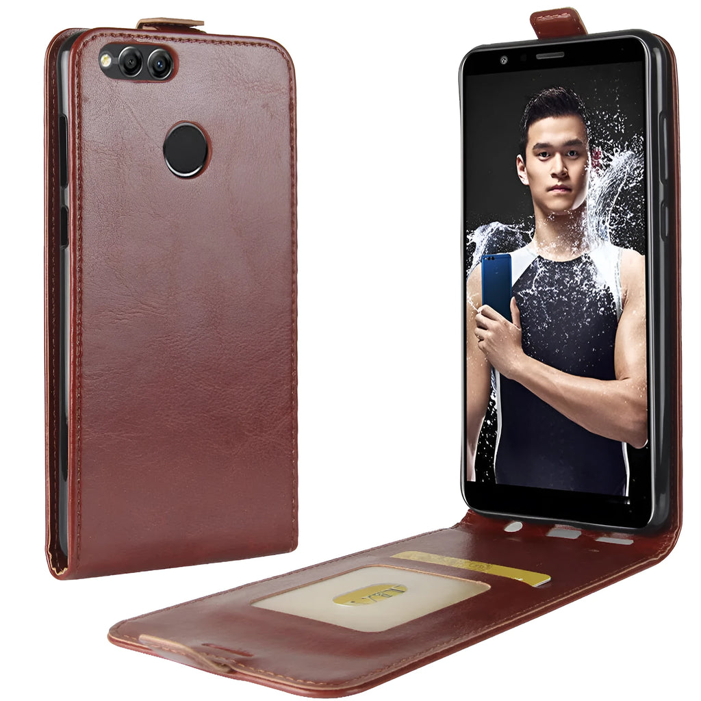 Huawei Honor 7X leather wallet phone case with card slot in black, brown, red, and white colour options