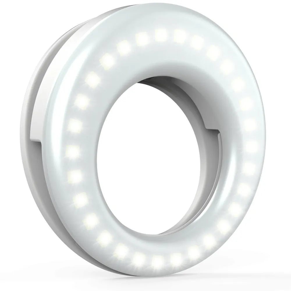 Black portable LED ring light for mobile phones with USB charging cable