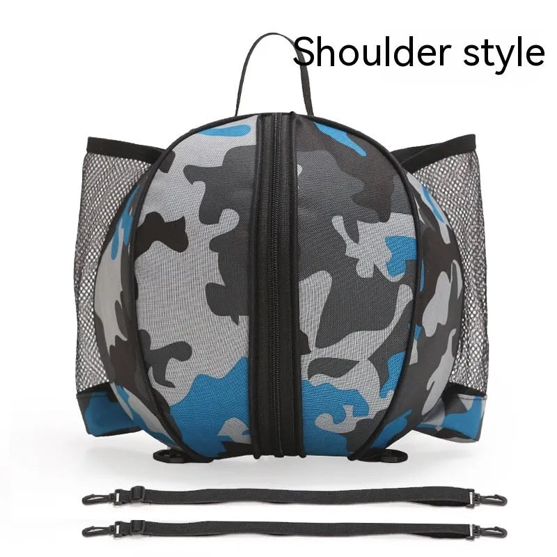 Oxford cloth basketball training bag with adjustable strap shown in a camouflage colour option.