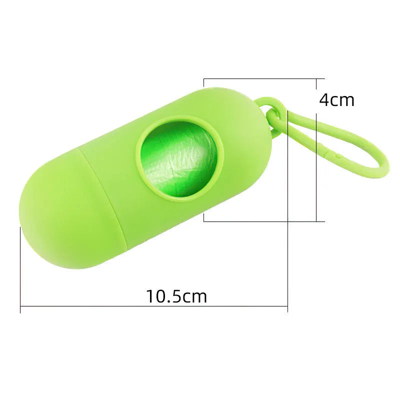 Compact dog poop bag holder dispenser with Velcro strap and side hook for attaching to leads or clothing