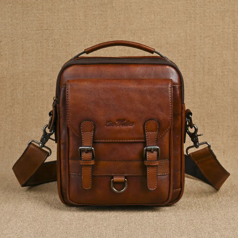 Genuine leather men's shoulder bag 8 inch light brown retro hand-rubbed crossbody commuter