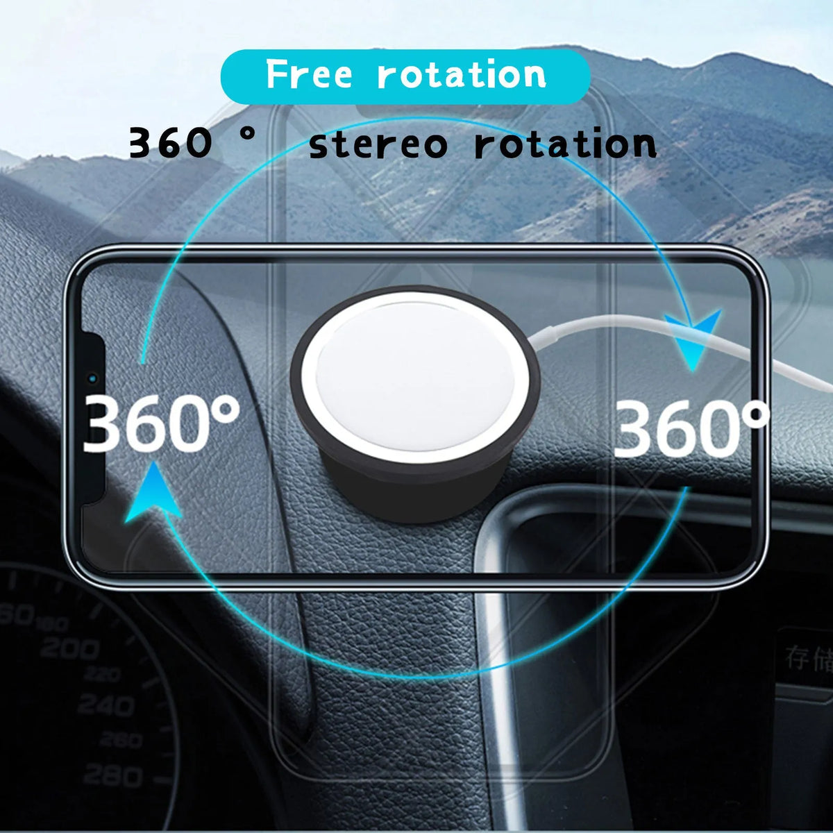 Black plastic magnetic car phone holder showing dashboard and air vent mounting options