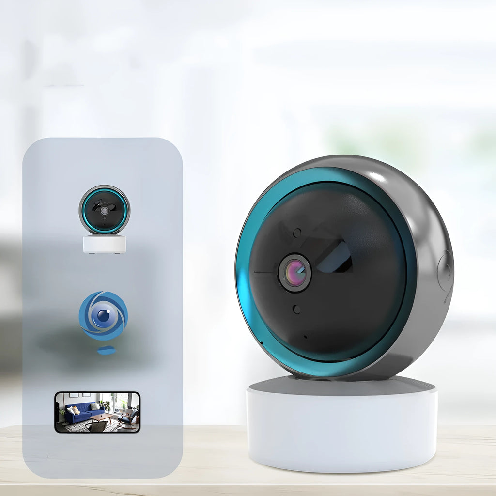 Indoor 360-degree rotating WiFi security camera with HD resolution on flat surface