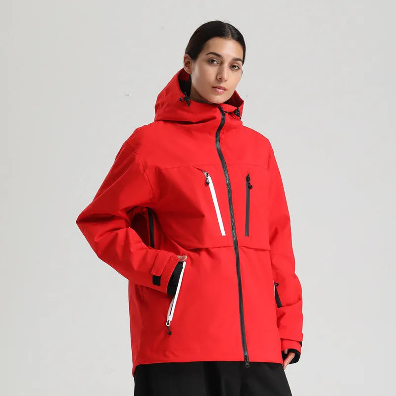 Waterproof padded breathable loose ski coat in khaki, front view, unisex design for snow sports