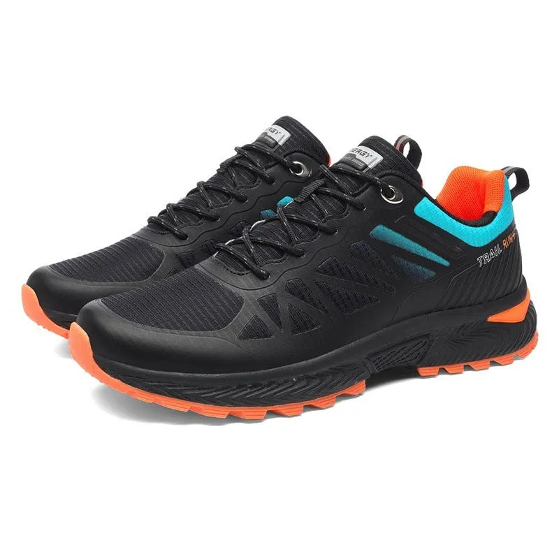 Men's black and orange plus size mesh running shoes with flat heel and round toe on a white background.