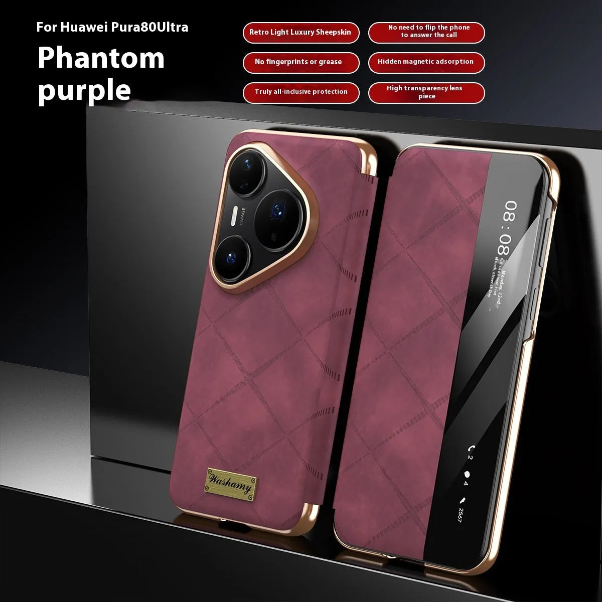 Electroplated diamond grid Huawei phone case in black, brown, and purple with embossed imitation leather