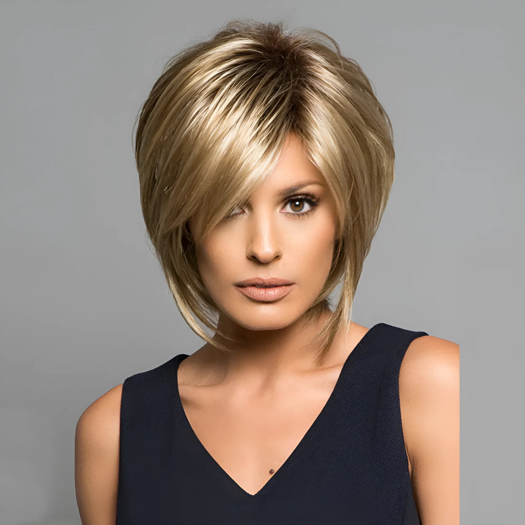 Golden wig headgear with oblique bangs and high temperature wire hair, shown in the supplied golden colour.