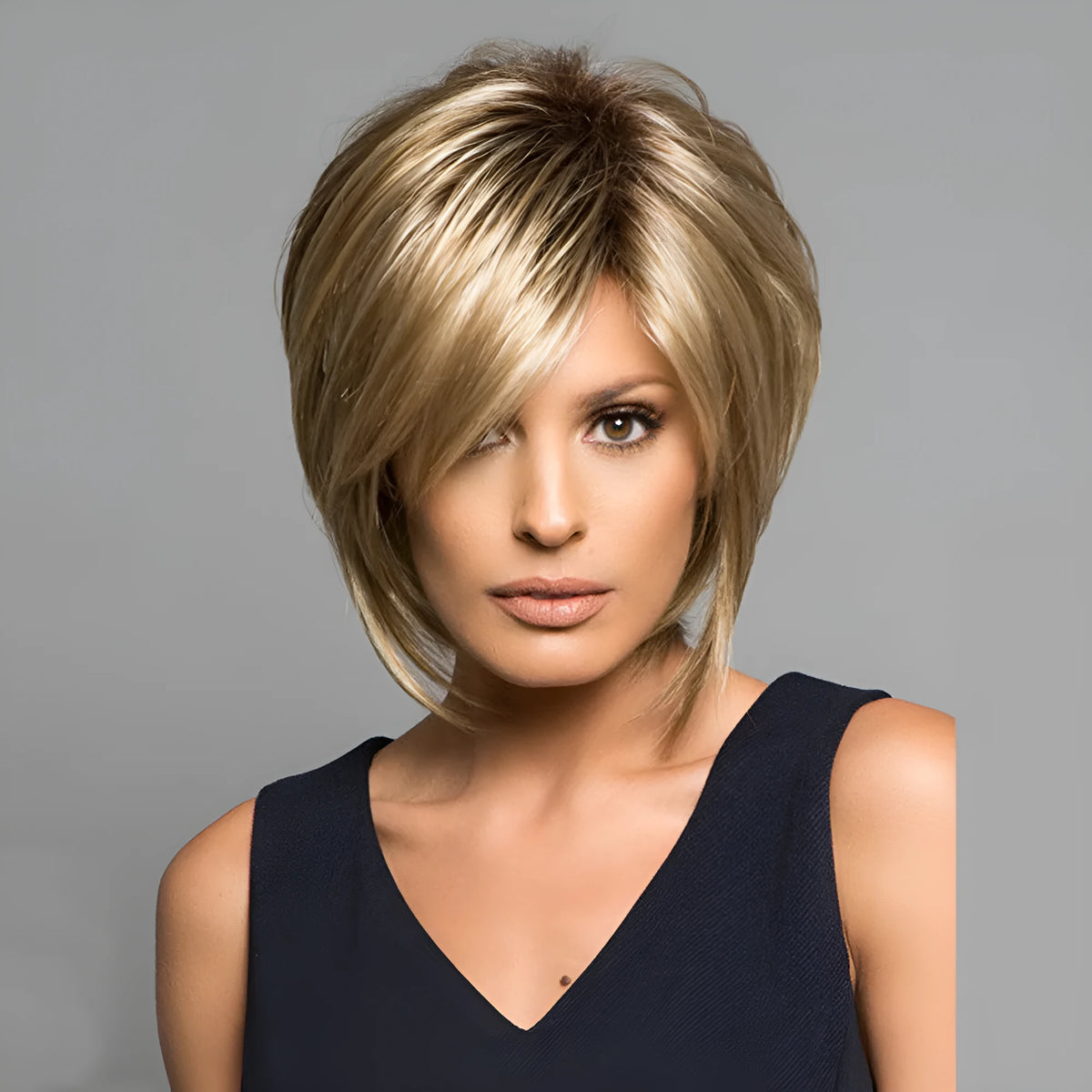 Golden wig headgear with oblique bangs and high temperature wire hair, shown in the supplied golden colour.